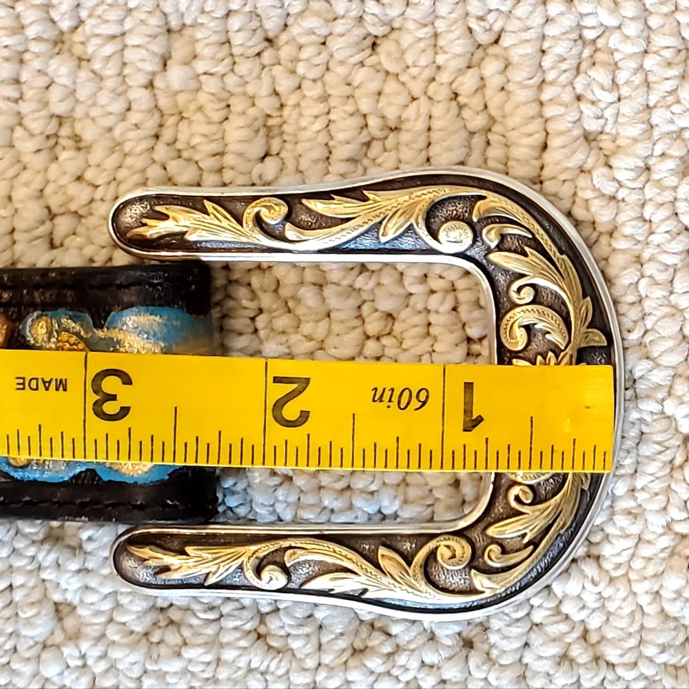 Nocona Western Leather Floral Tooled Rhinestone Stud Belt, Med, LIKE NEW